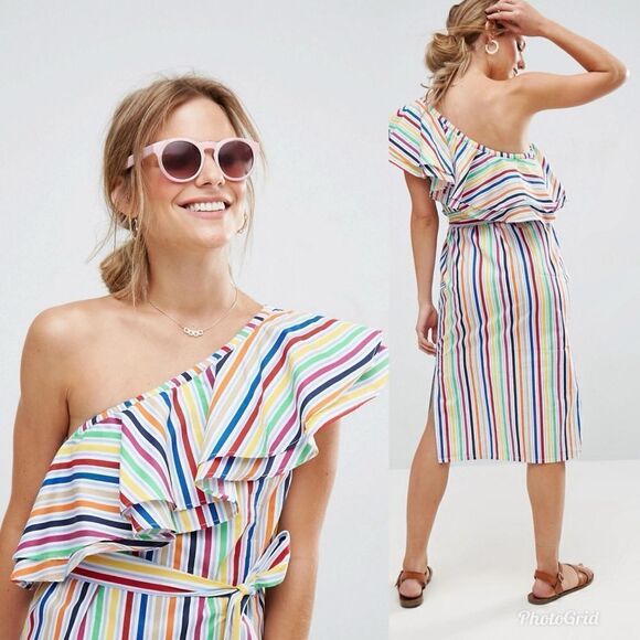 ASOS Rainbow One Shoulder Ruffle Midi Dress with Split in Bright Stripe - Picture 9 of 9